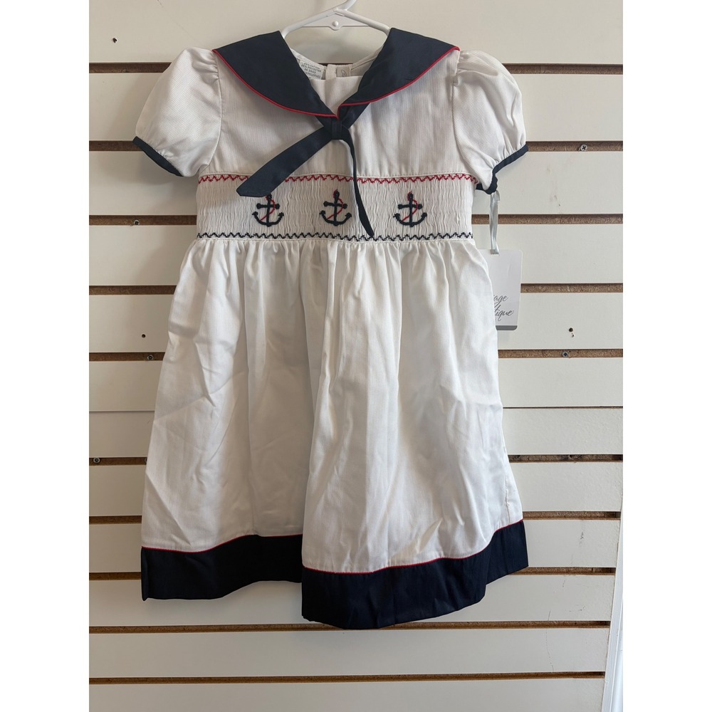 Carriage Boutique Girls Sailor Dress White Smocked Anchor Nautical 3T patriotic